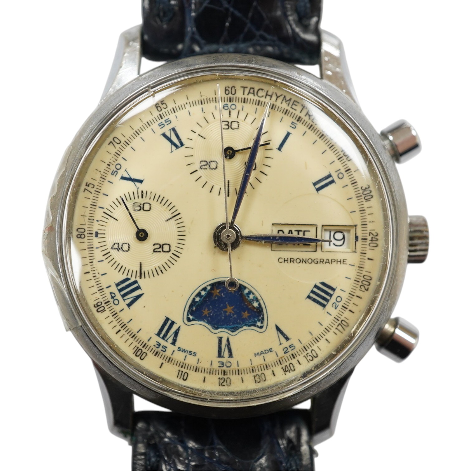 A gentleman's stainless steel calendar moonphase chronograph manual wind wrist watch, case diameter 36mm, on a later associated strap. Condition - poor to fair